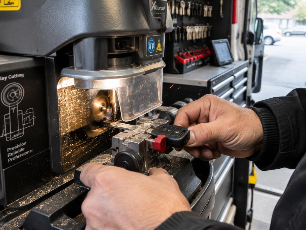 Cutting a car key on a precision machine inside the mobile workshop