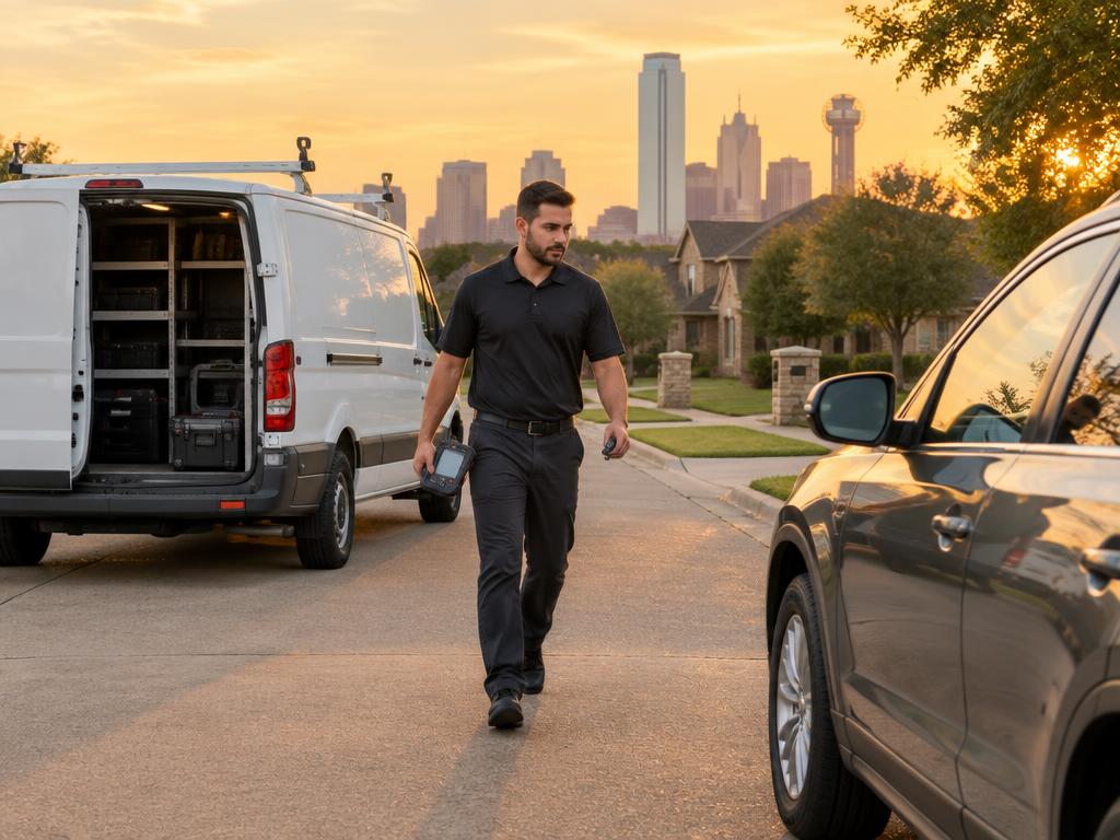 Mobile Key Tech van arriving at a customer's car in Dallas